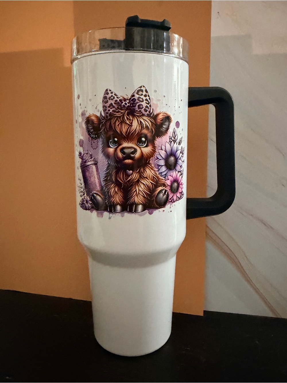 32 oz Highlander Baby Cows Purple Flowers Stainless Steel Insulated Tumbler
